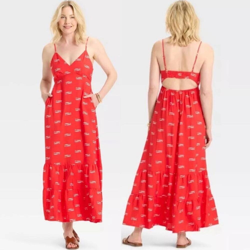 A New Day Red Fish Print Maxi Dress Open Back Spaghetti Strap Pockets M